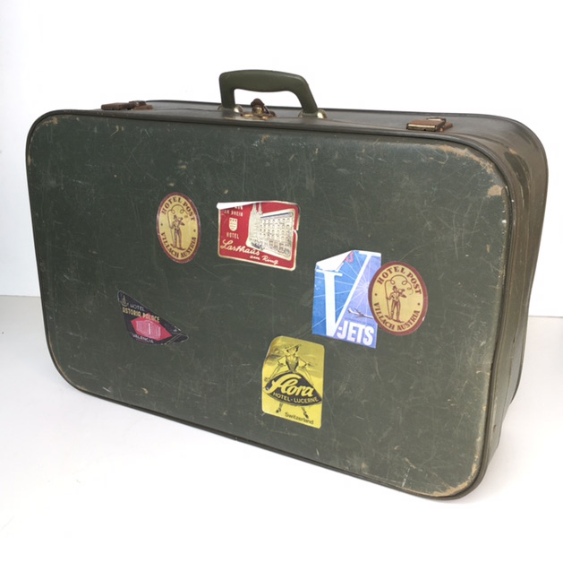 SUITCASE, Medium Dark Green w Stickers - 1960-70s